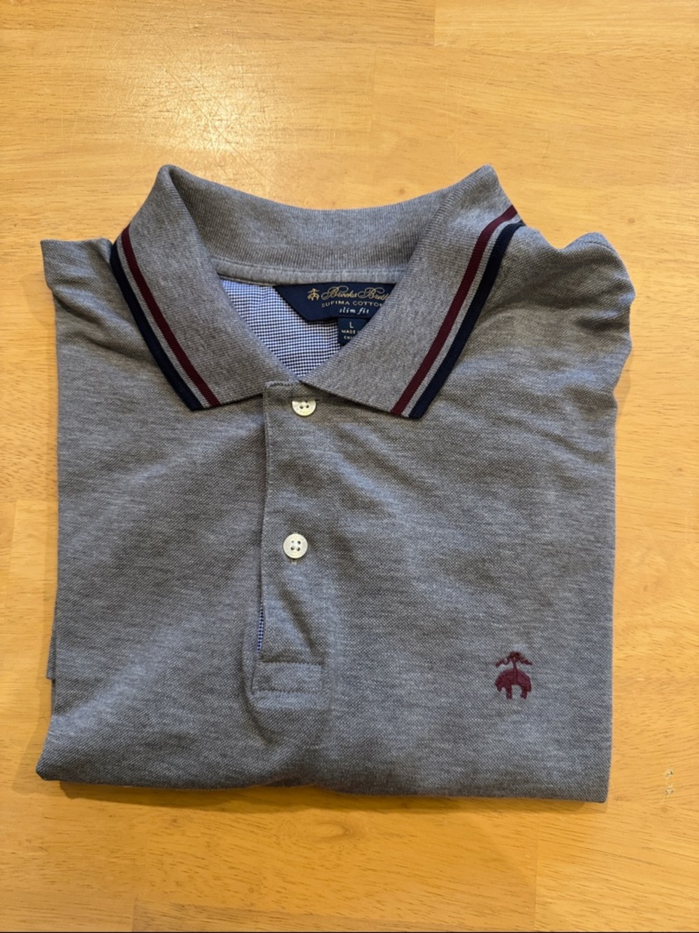 Brooks Brothers Grey Polo with Burgundy and Navy Collar Stripes